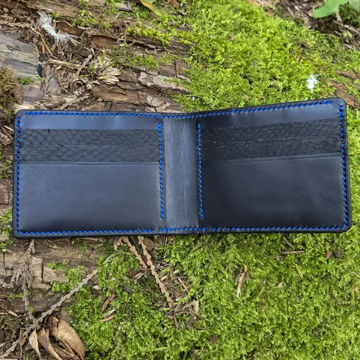 Navy bifold open — contrast blue saddle stitch — Rogue Artisan, East Vancouver